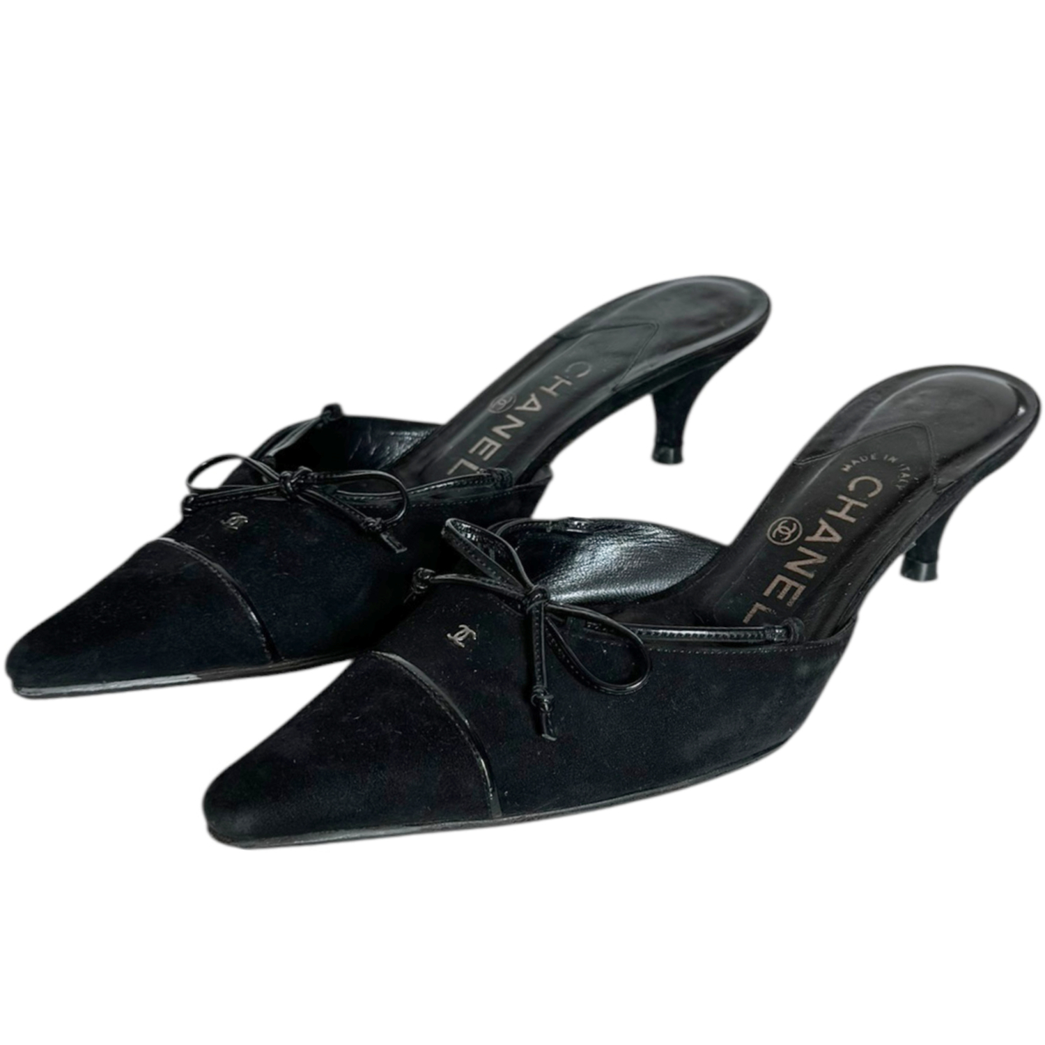 Vintage Chanel Bow Logo Mules Heels in Black UK 3.5 | NITRYL
