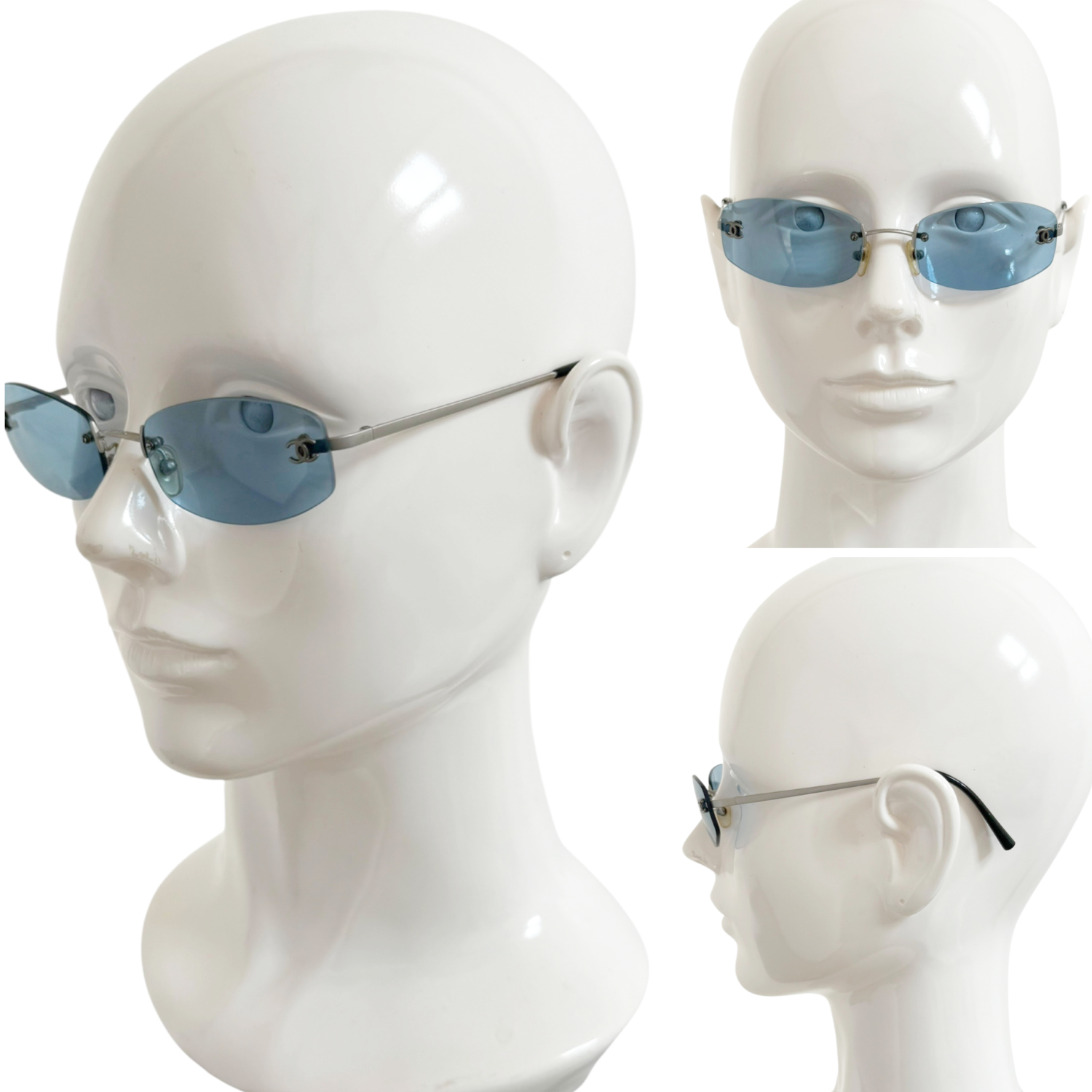 Chanel Logo Rimless Oval Sunglasses in Blue / Silver - Image 4