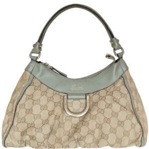 Vintage Gucci Monogram D Ring Hobo Shoulder Bag in Beige / Khaki Green / Gold | NITRYL