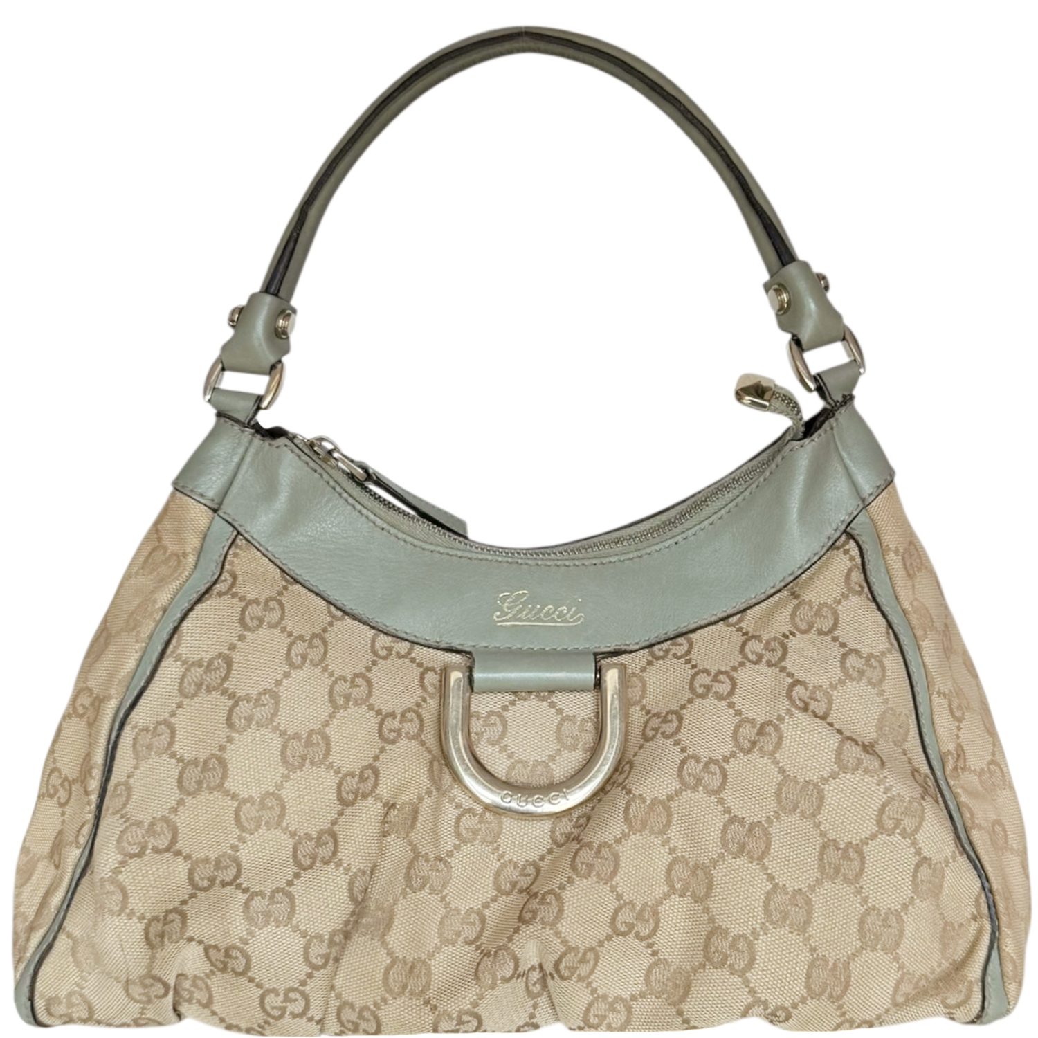 Vintage Gucci Monogram D Ring Hobo Shoulder Bag in Beige / Khaki Green / Gold | NITRYL