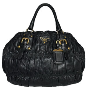 Vintage Prada 2-Way Ruched Leather Hobo Shoulder Bag in Black / Gold | NITRYL
