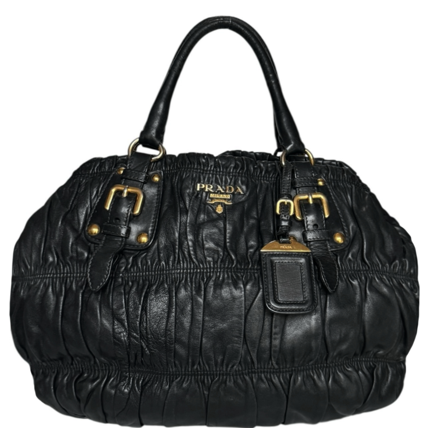 Vintage Prada 2-Way Ruched Leather Hobo Shoulder Bag in Black / Gold | NITRYL