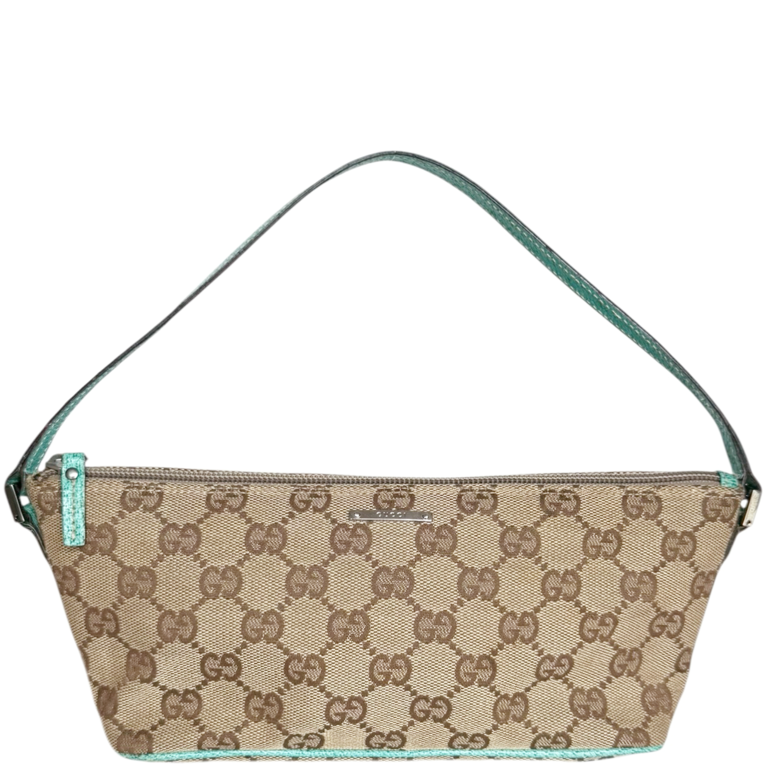 Vintage Gucci Monogram Mini Boat Pochette Bag in Beige / Turquoise Blue | NITRYL
