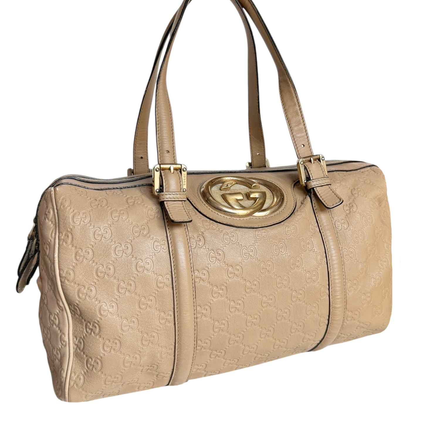 Gucci Monogram GG Leather Shoulder Boston Bag in Beige / Gold - Image 2
