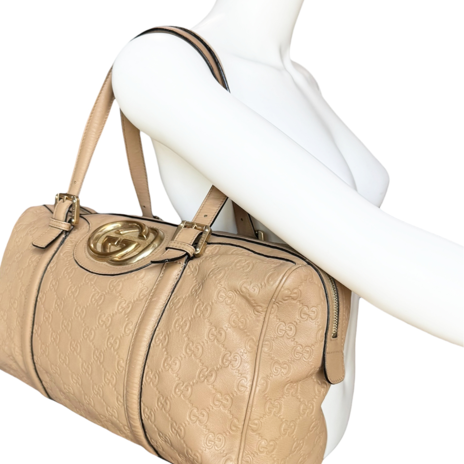 Gucci Monogram GG Leather Shoulder Boston Bag in Beige / Gold - Image 6