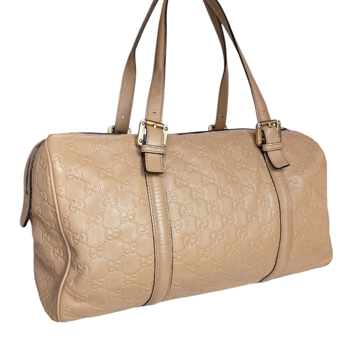 Gucci Monogram GG Leather Shoulder Boston Bag in Beige / Gold - Image 4
