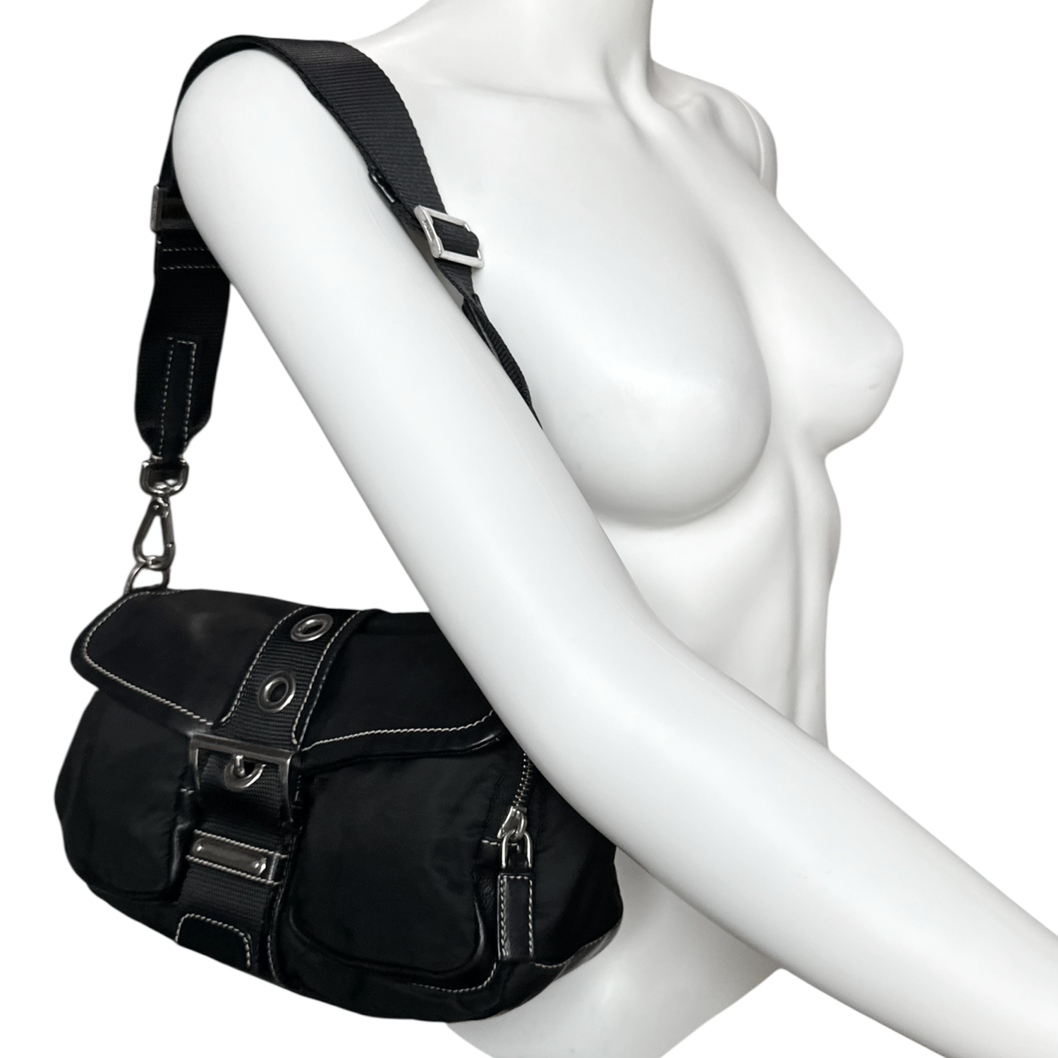 Prada Nylon 2-Way Shoulder Bag in Black / Silver - Image 5