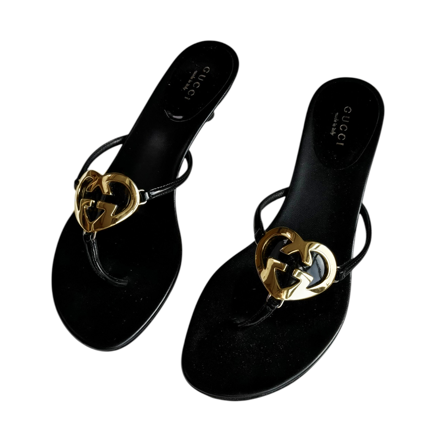 Gucci GG Heart Thong Kitten Heels in Black / Gold UK 3.5 - Image 2