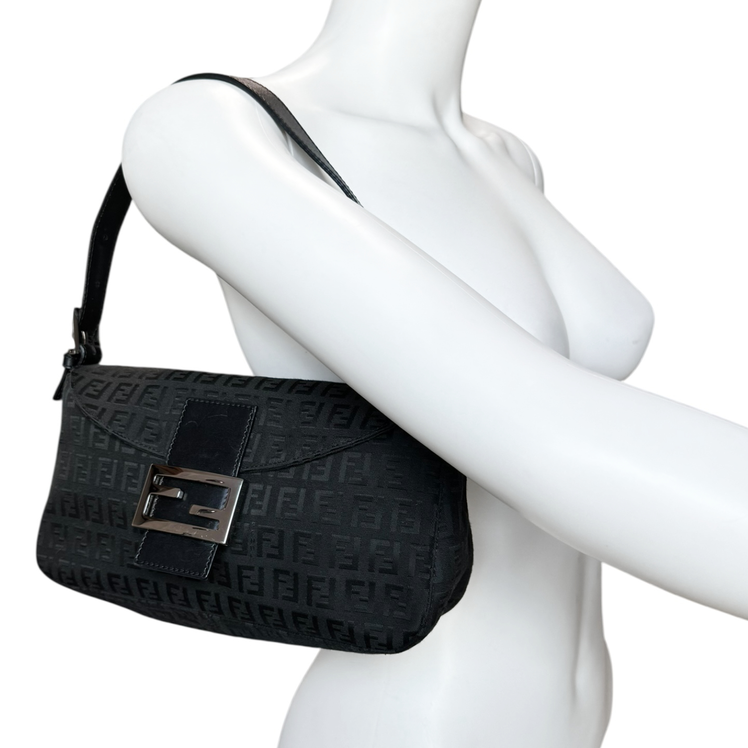 Fendi Monogram Shoulder Baguette Bag in Black / Silver - Image 8