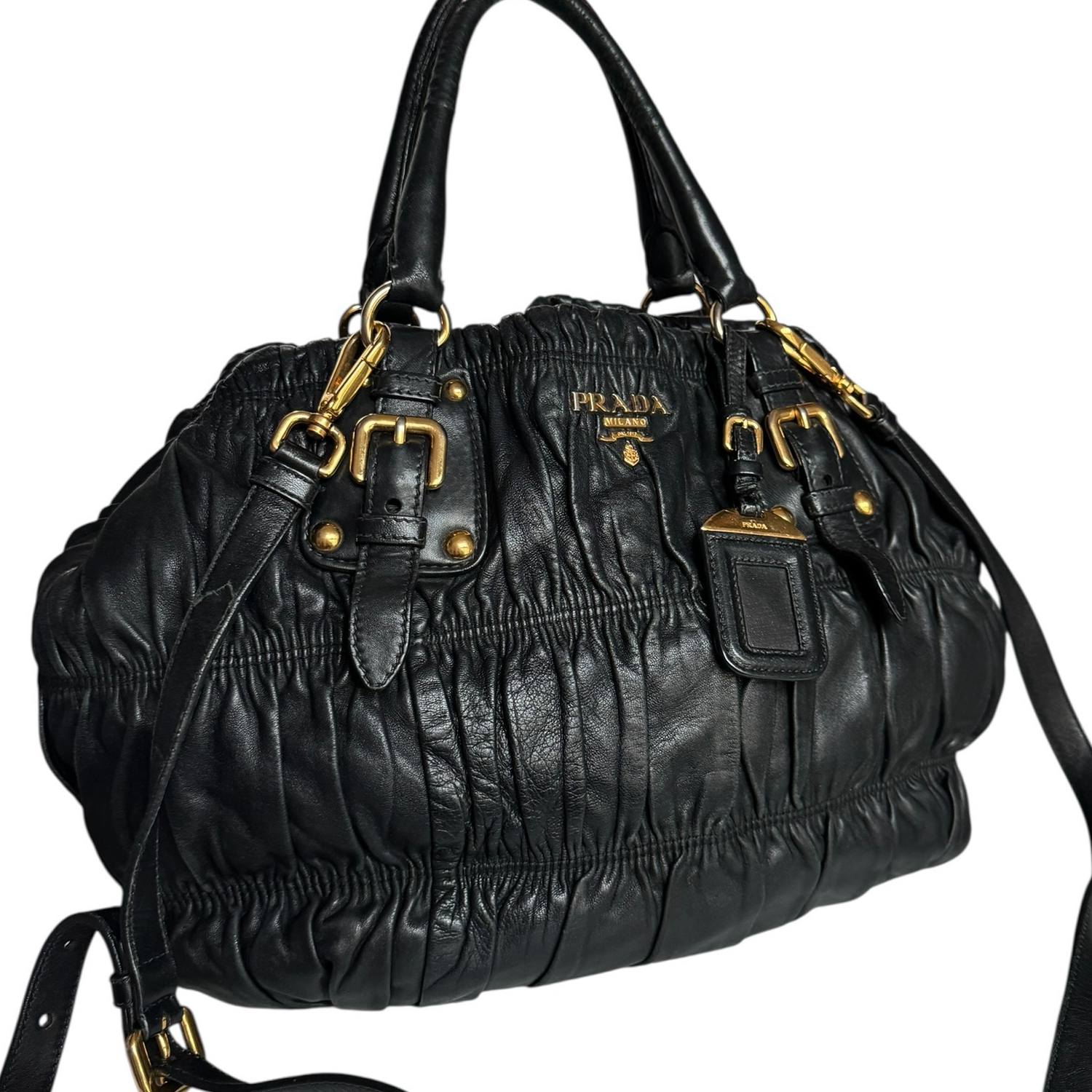 Prada 2-Way Ruched Leather Hobo Shoulder Bag in Black / Gold - Image 2
