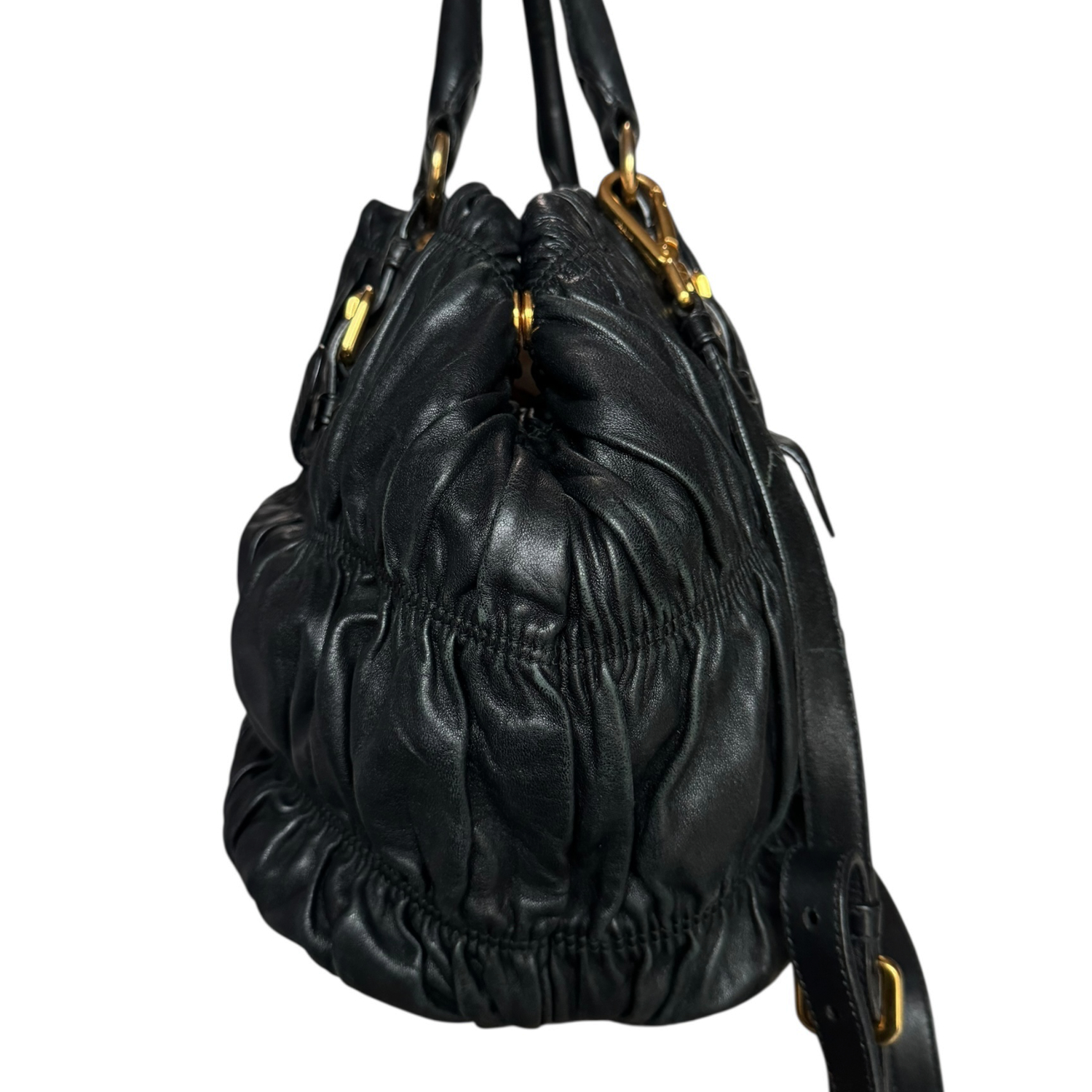 Prada 2-Way Ruched Leather Hobo Shoulder Bag in Black / Gold - Image 3