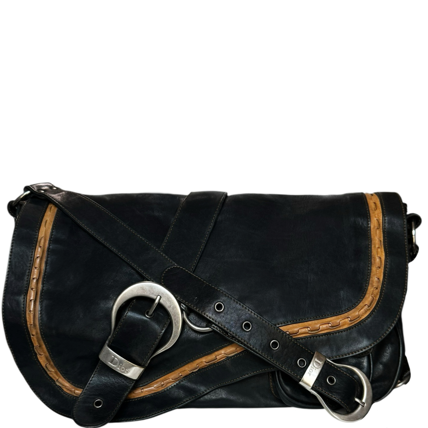 Vintage Dior Gaucho Leather Bag in Black / Tan / Silver | NITRYL