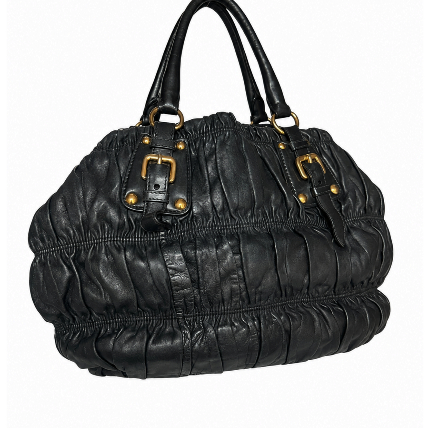 Prada 2-Way Ruched Leather Hobo Shoulder Bag in Black / Gold - Image 4
