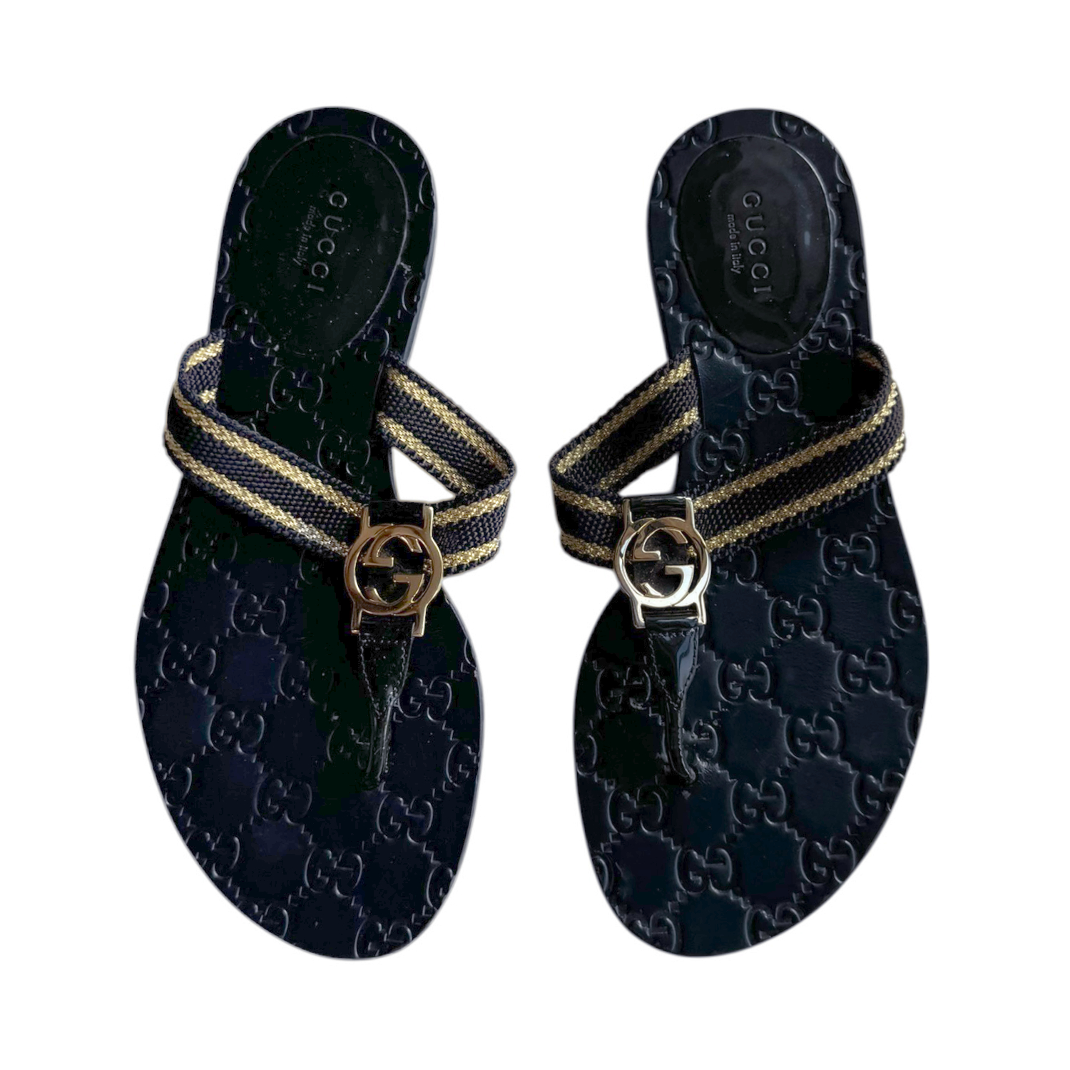 Vintage Gucci GG Logo Thong Flip Flops in Navy / Gold UK 3 | NITRYL