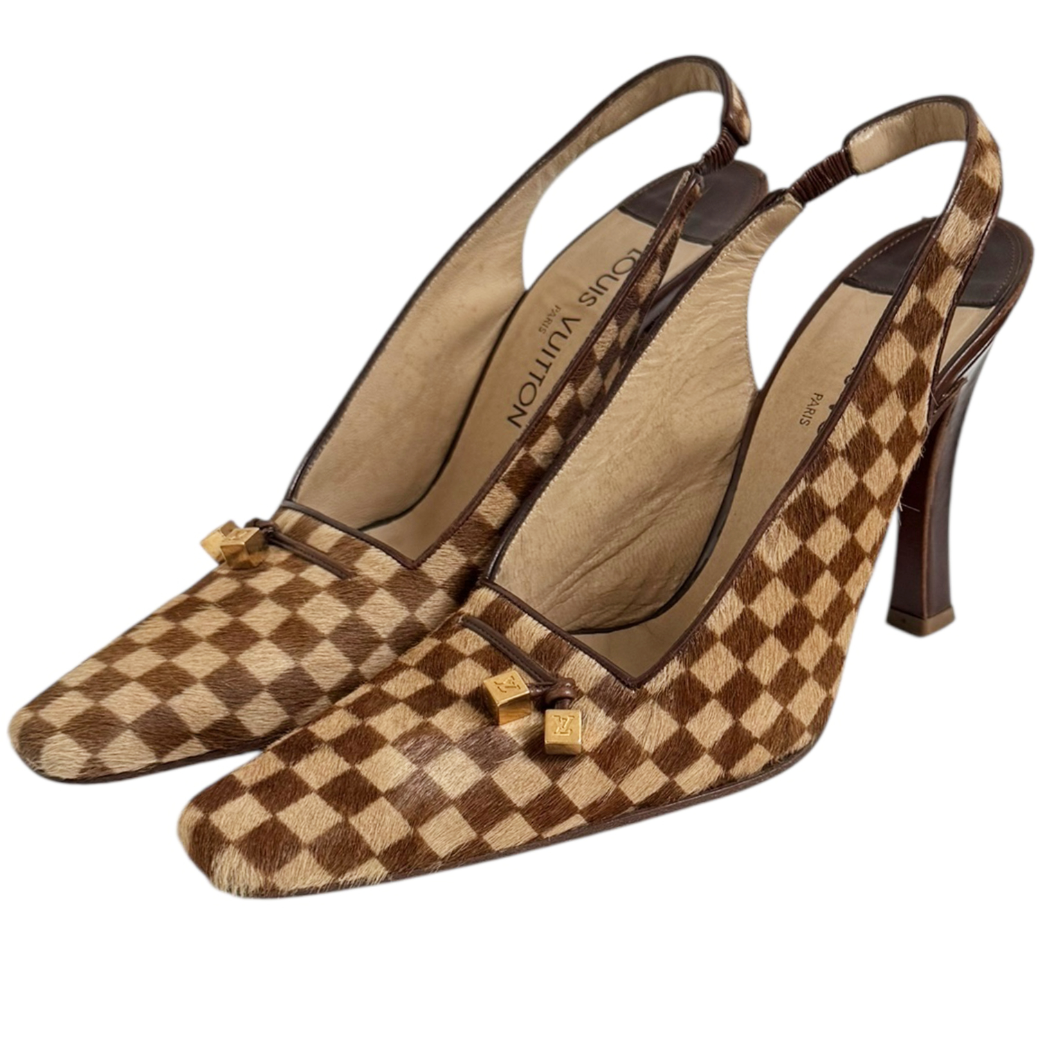 Vintage Louis Vuitton Checkered Calfskin Heels in Brown / Gold UK 4.5 | NITRYL