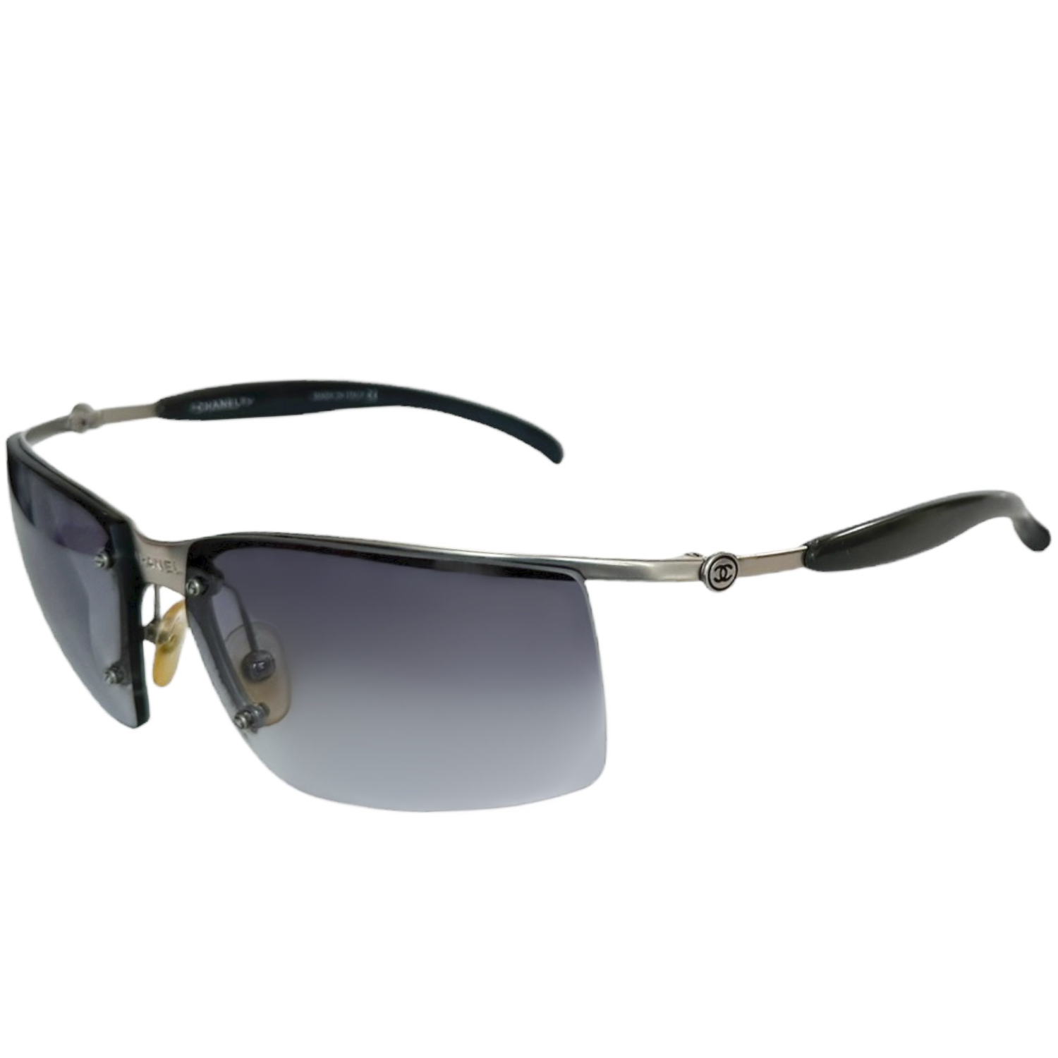 Vintage Chanel Logo Rimless Wraparound Sunglasses in Blue / Silver | NITRYL
