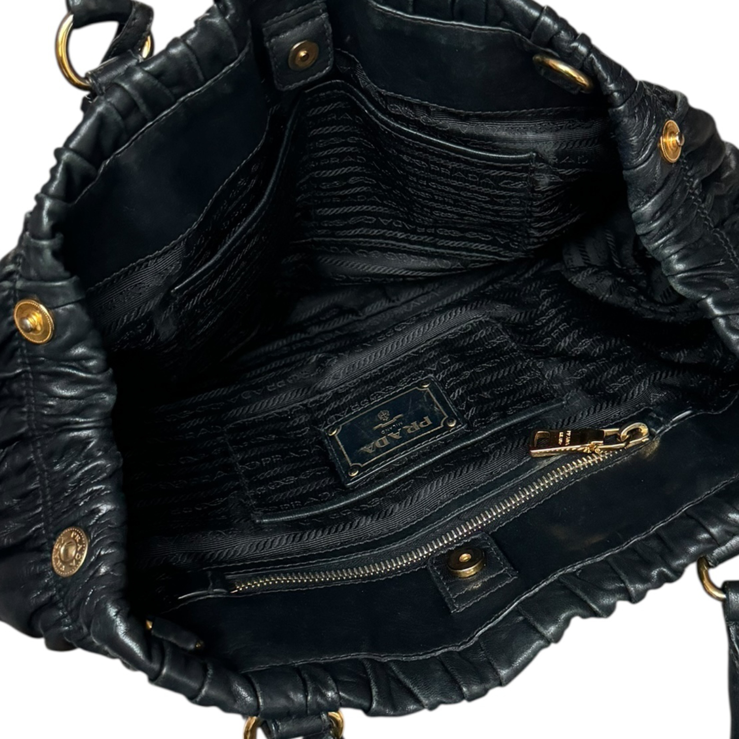 Prada 2-Way Ruched Leather Hobo Shoulder Bag in Black / Gold - Image 7