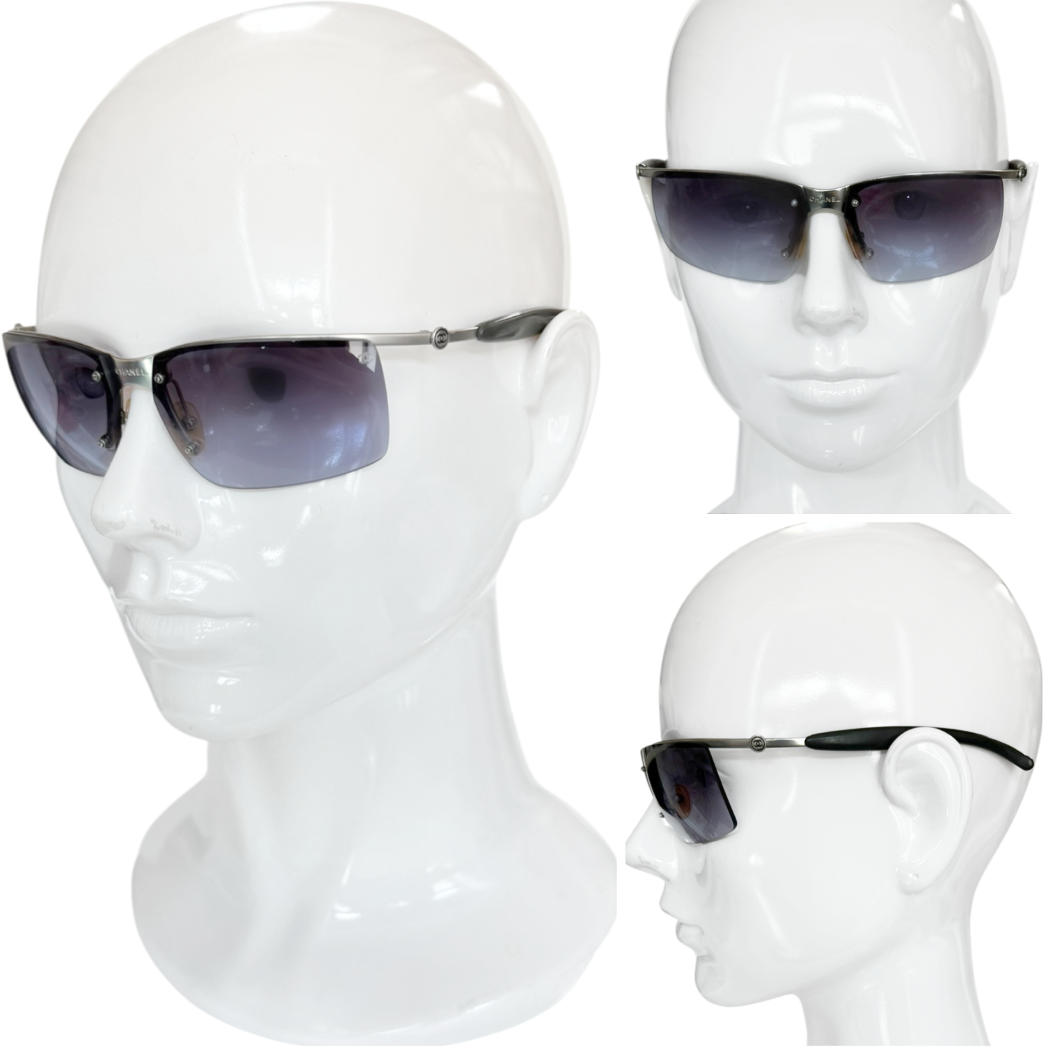 Chanel Logo Rimless Wraparound Sunglasses in Blue / Silver - Image 4