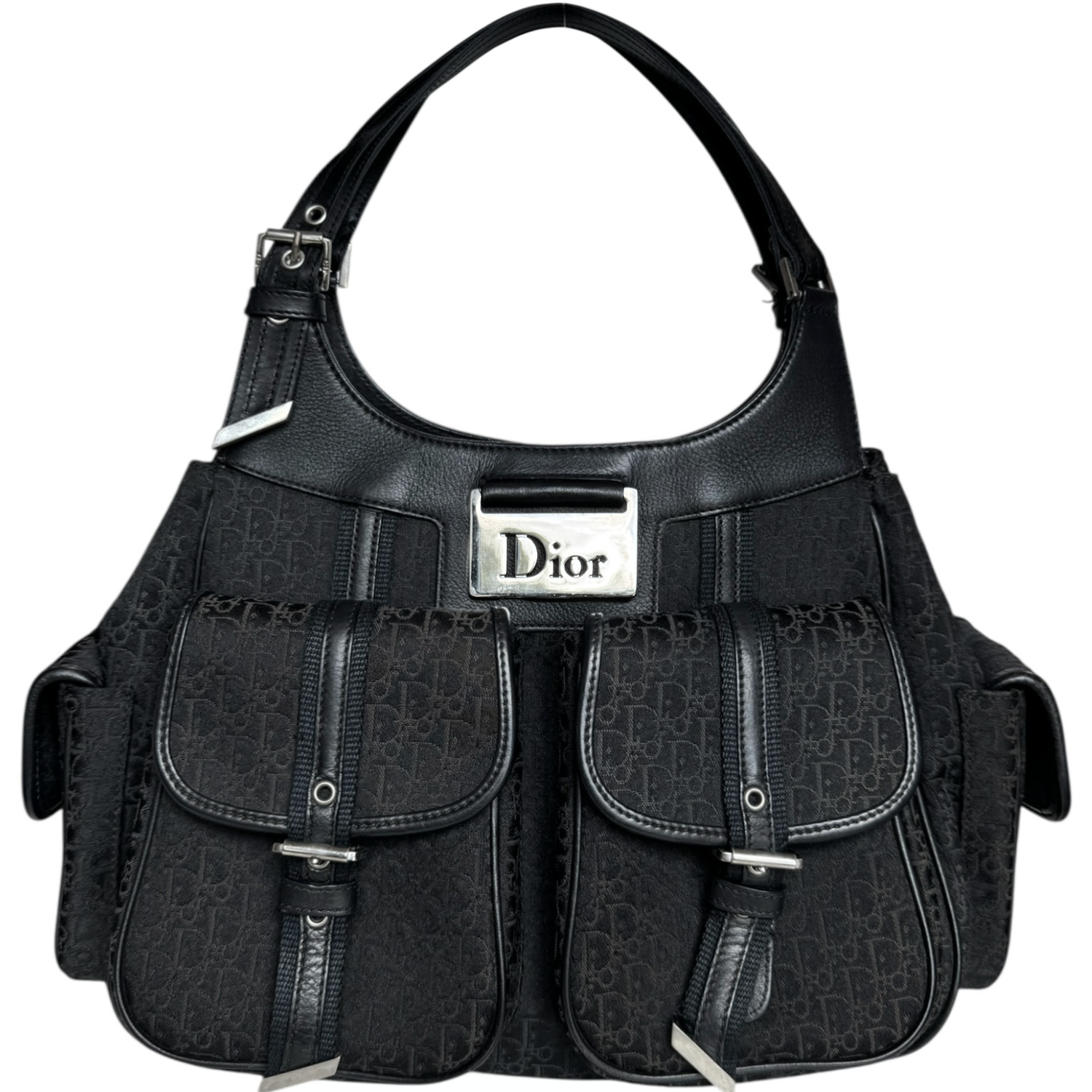 Vintage Dior Monogram Pocket Columbus Hobo Shoulder Bag in Black / Silver | NITRYL