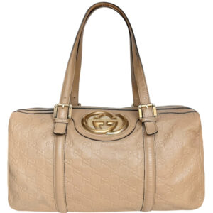 Vintage Gucci Monogram GG Leather Shoulder Boston Bag in Beige / Gold | NITRYL
