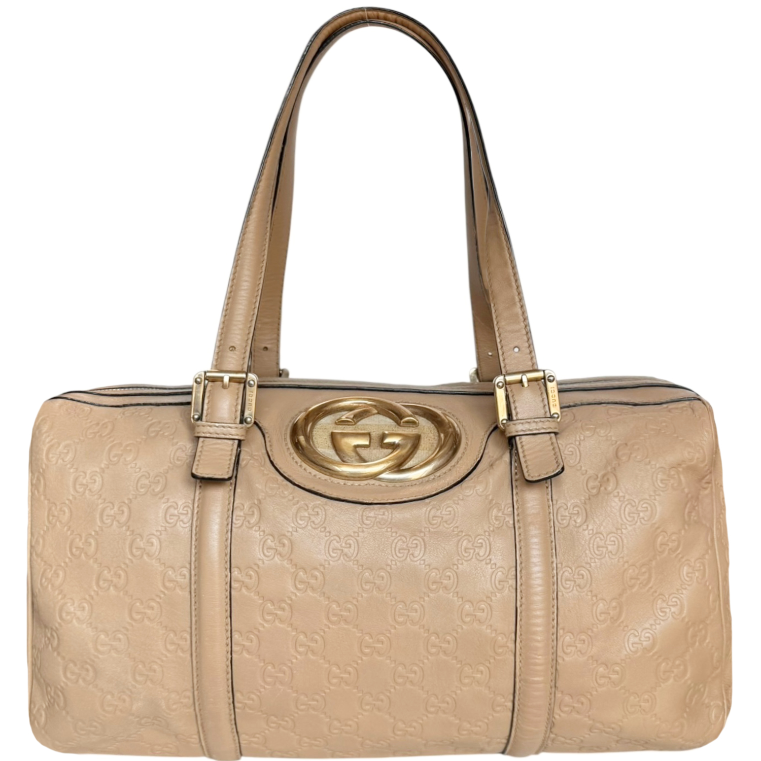 Vintage Gucci Monogram GG Leather Shoulder Boston Bag in Beige / Gold | NITRYL