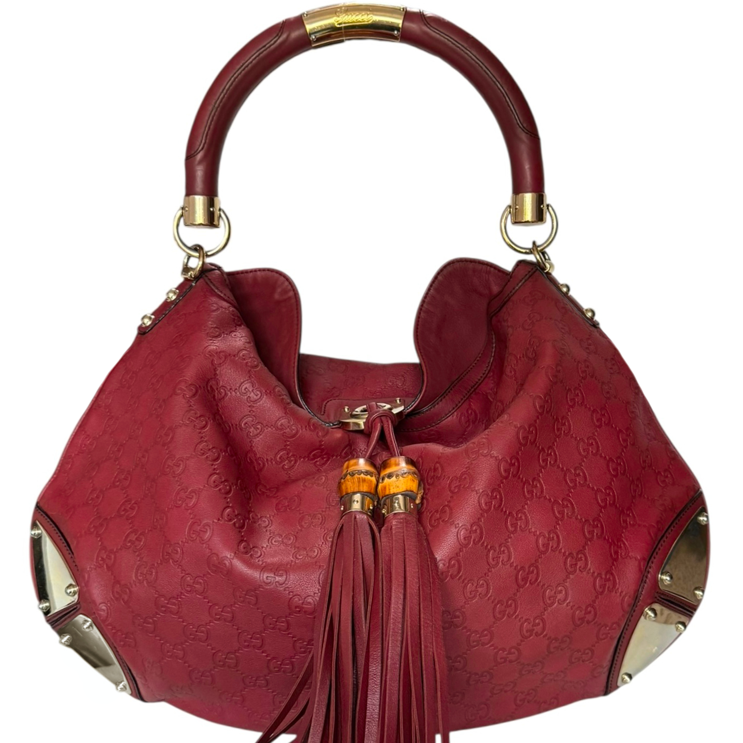 Vintage Gucci Indy Tassel Monogram Leather Hobo Shoulder Bag in Red / Gold | NITRYL