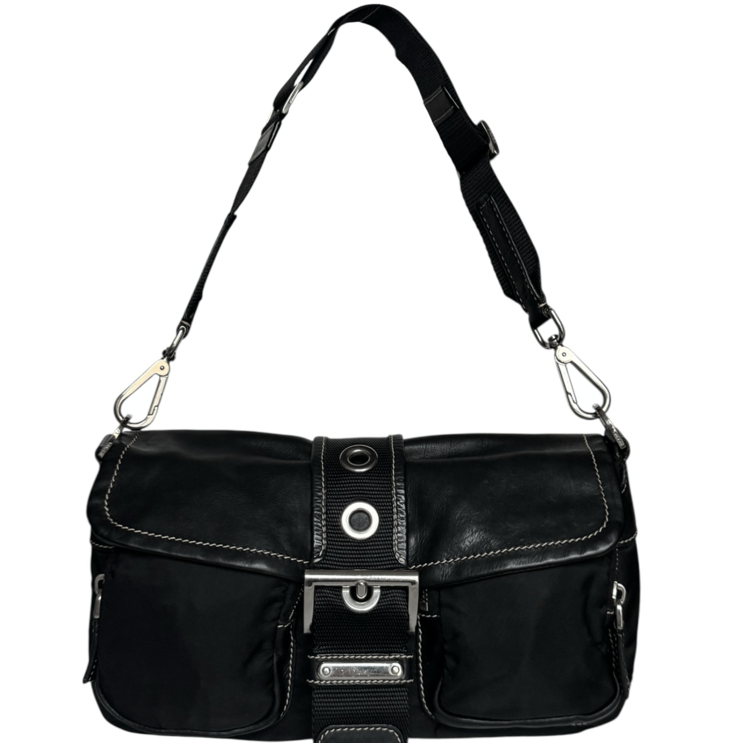 Vintage Prada Nylon 2-Way Shoulder Bag in Black / Silver | NITRYL