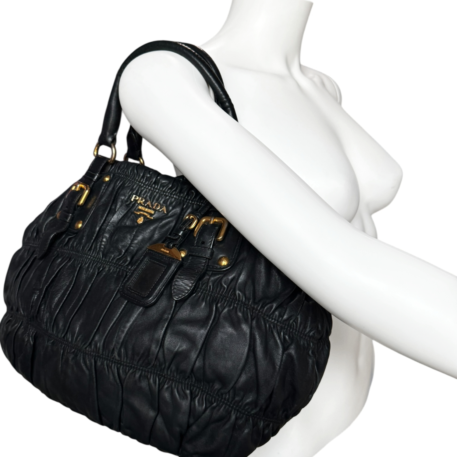 Prada 2-Way Ruched Leather Hobo Shoulder Bag in Black / Gold - Image 9