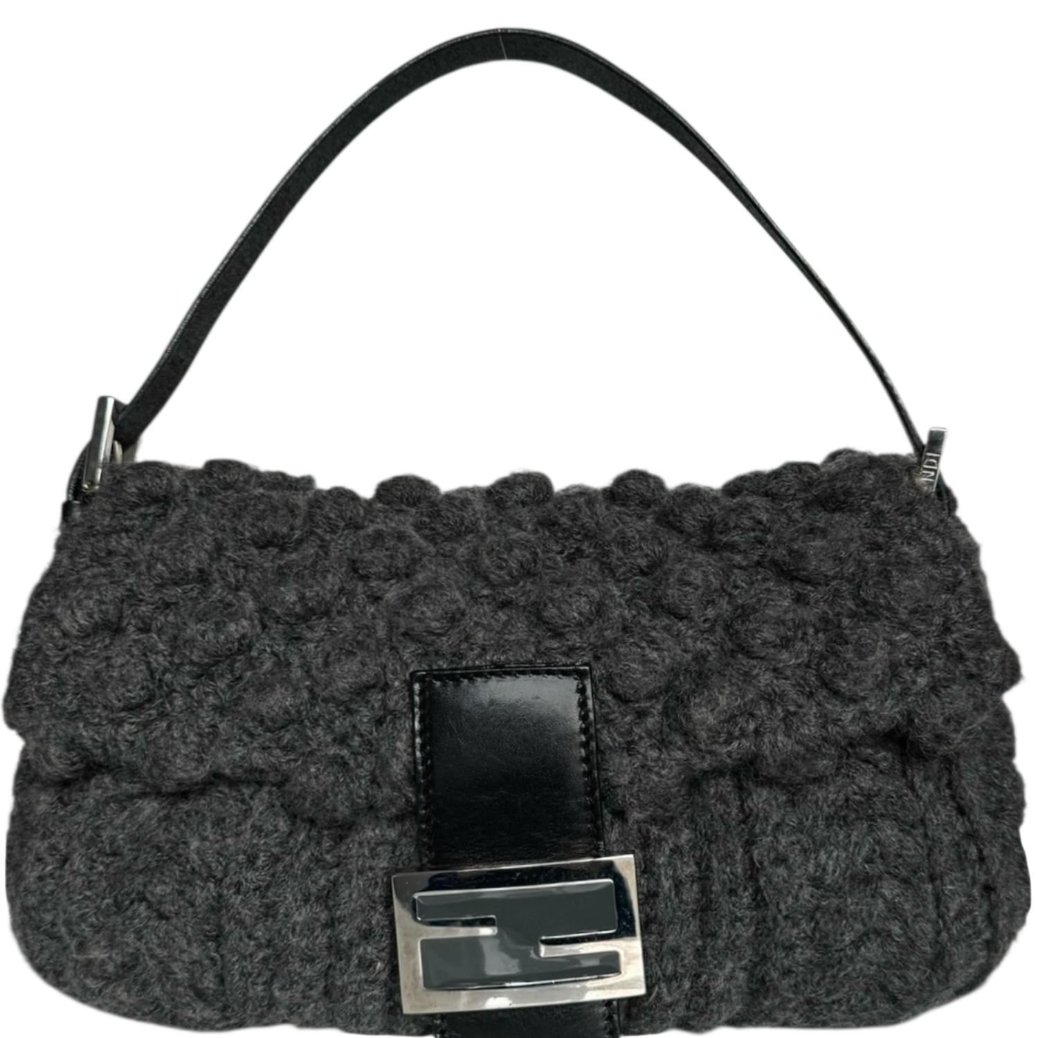 Vintage Fendi Knit Wool Shoulder Baguette Bag in Grey / Black / Silver | NITRYL