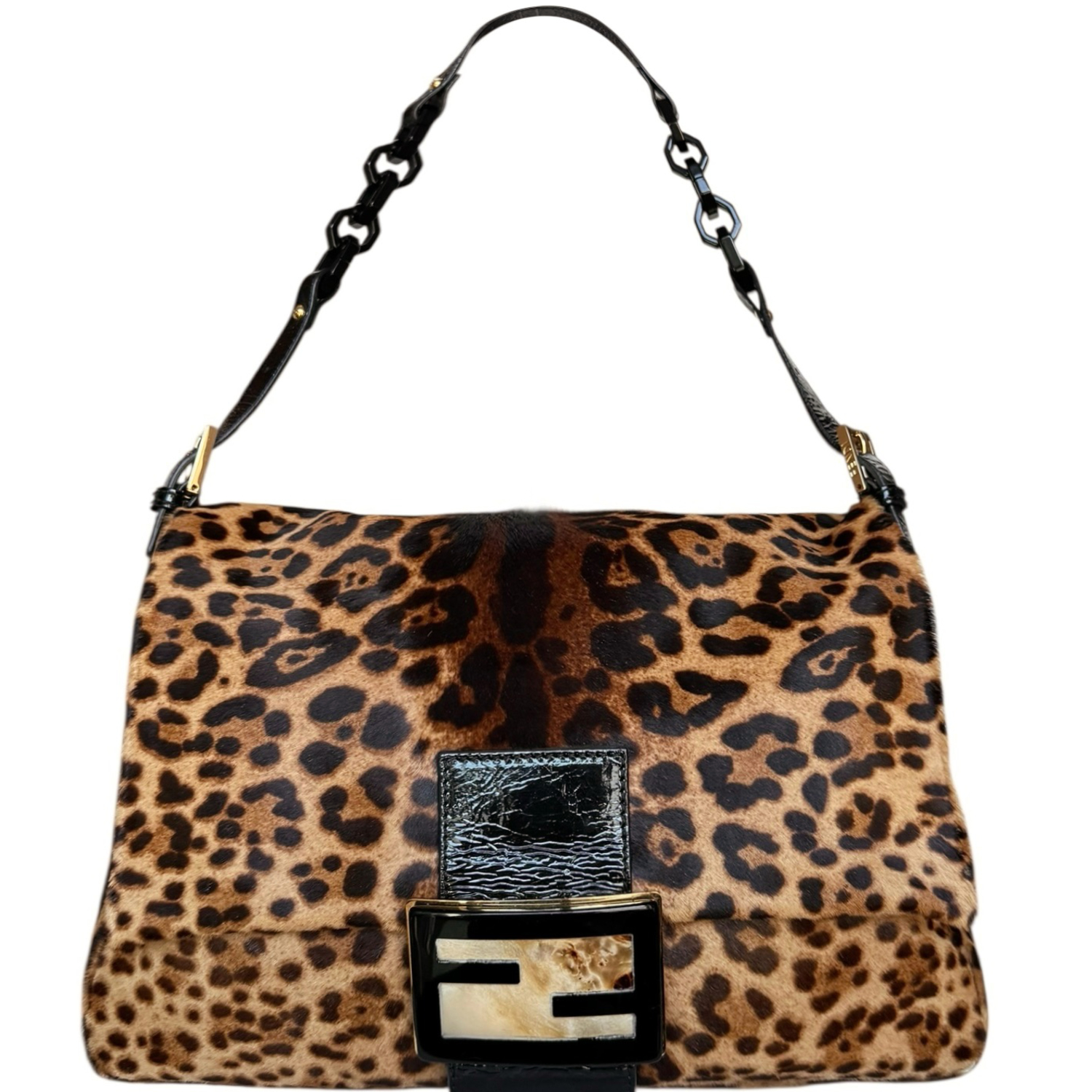 Vintage Fendi Leopard Print Calfskin Mamma Shoulder Baguette Bag in Brown / Black / Gold | NITRYL