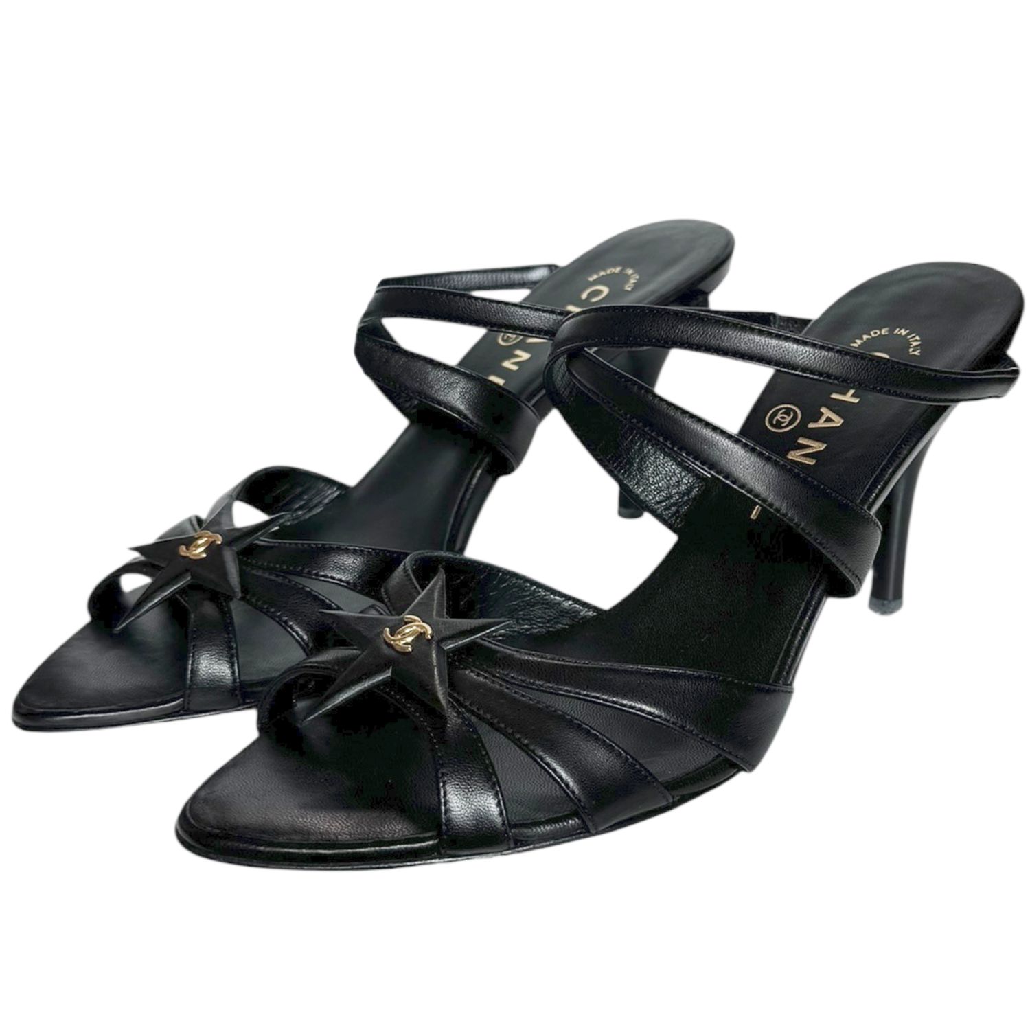 Vintage Chanel Star Logo Wraparound Heels in Black / Gold UK 4 | NITRYL