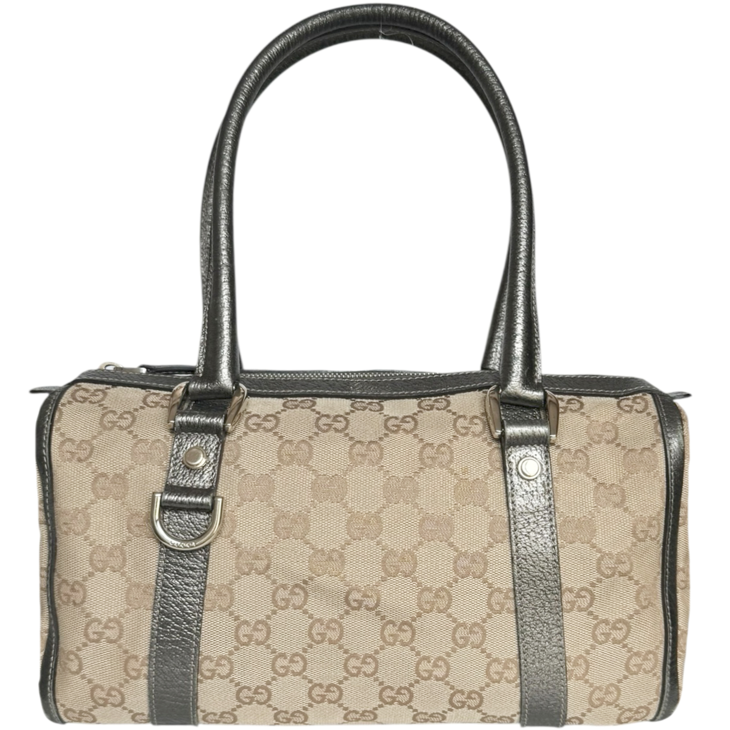 Vintage Gucci Monogram Shoulder Boston Bag in Beige / Metallic Pewter / Gold | NITRYL