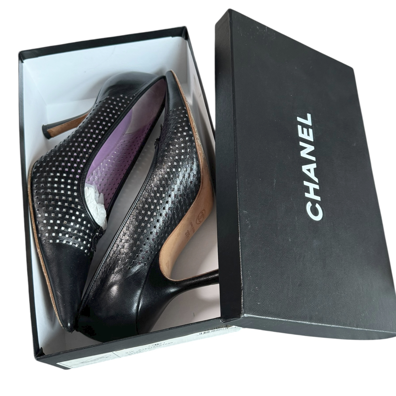 Chanel Logo Perforated Heels in Black UK 4 - Image 6