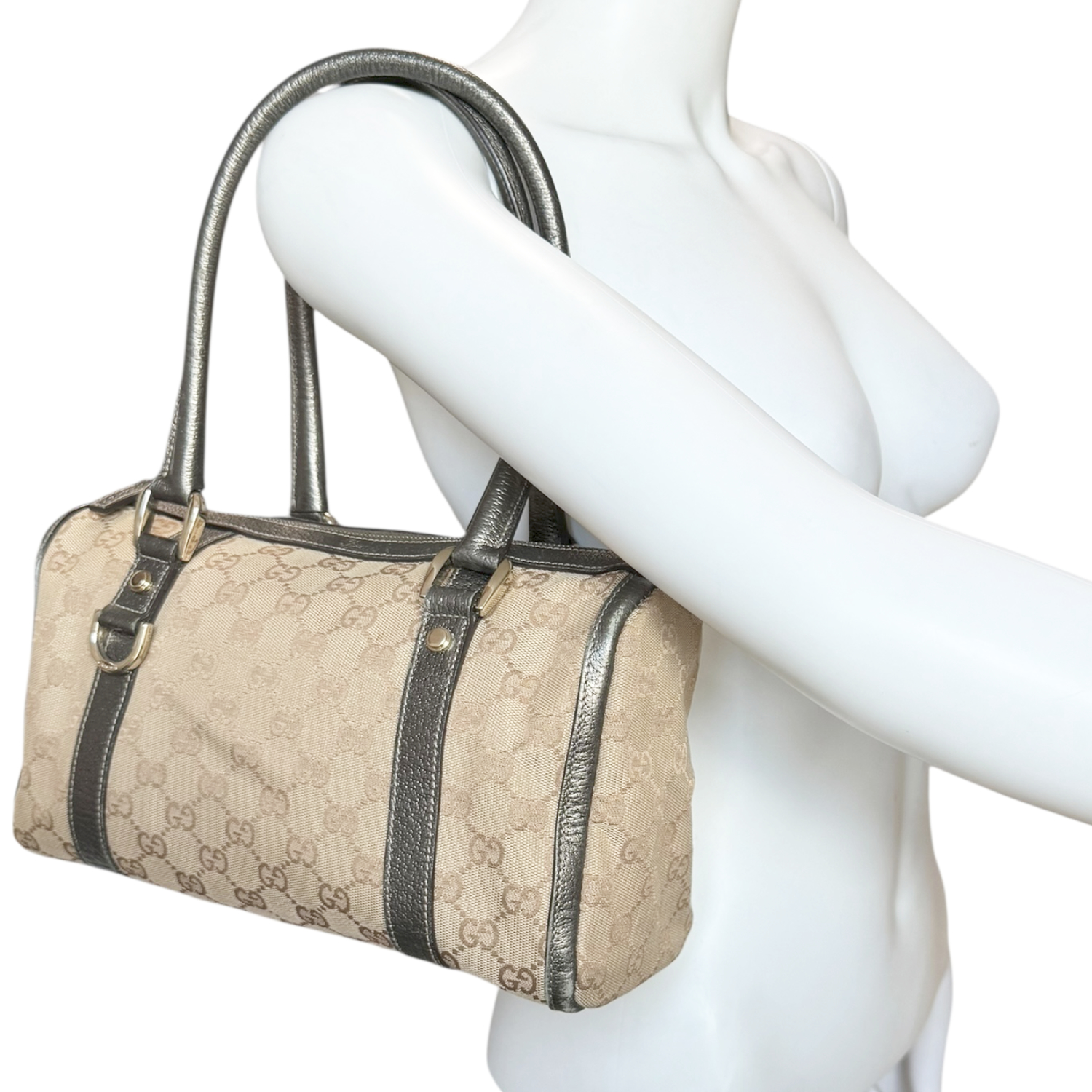 Gucci Monogram Shoulder Boston Bag in Beige / Metallic Pewter / Gold - Image 7