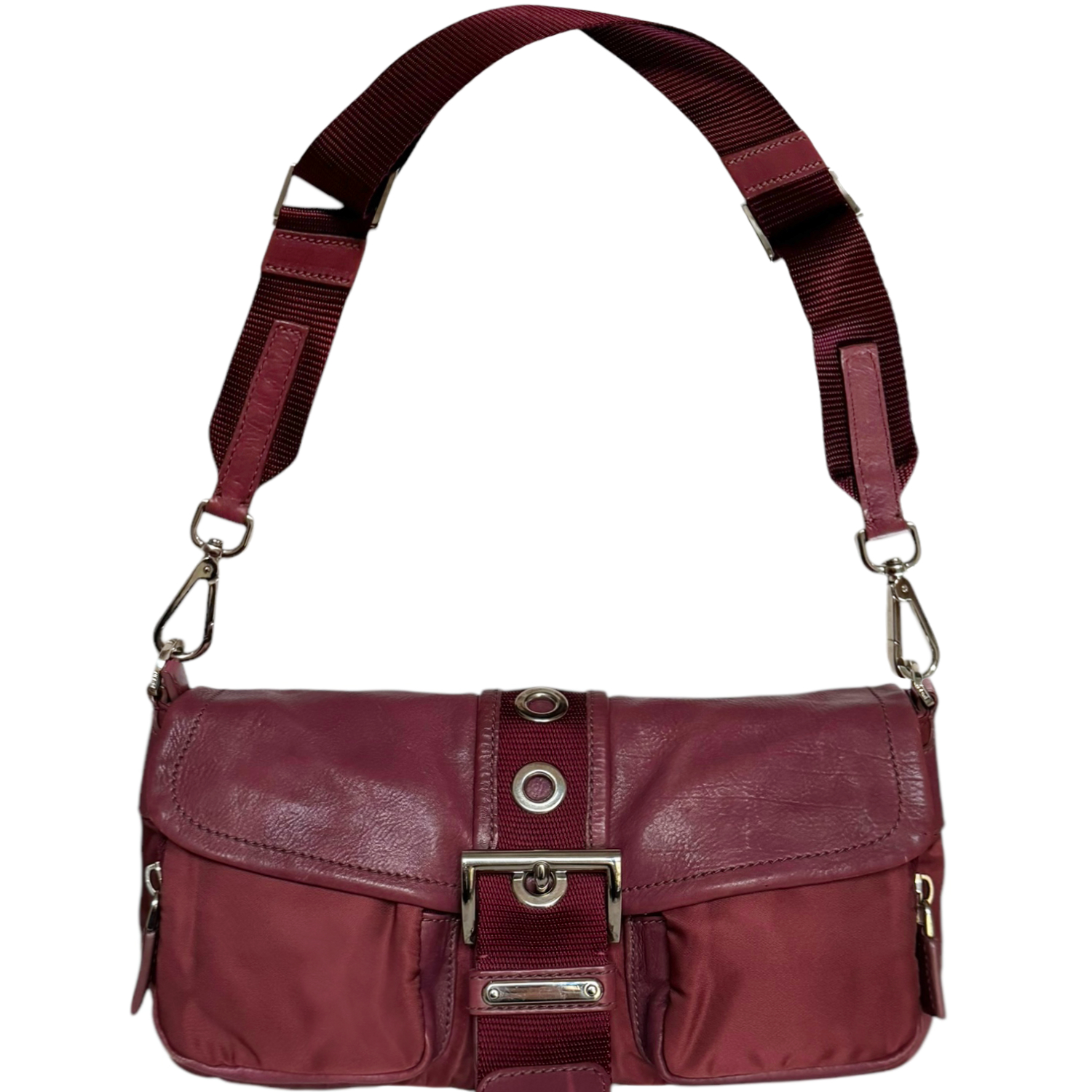 Vintage Prada 2 - Way Nylon Leather Shoulder Bag in Maroon - Dark Pink / Silver | NITRYL