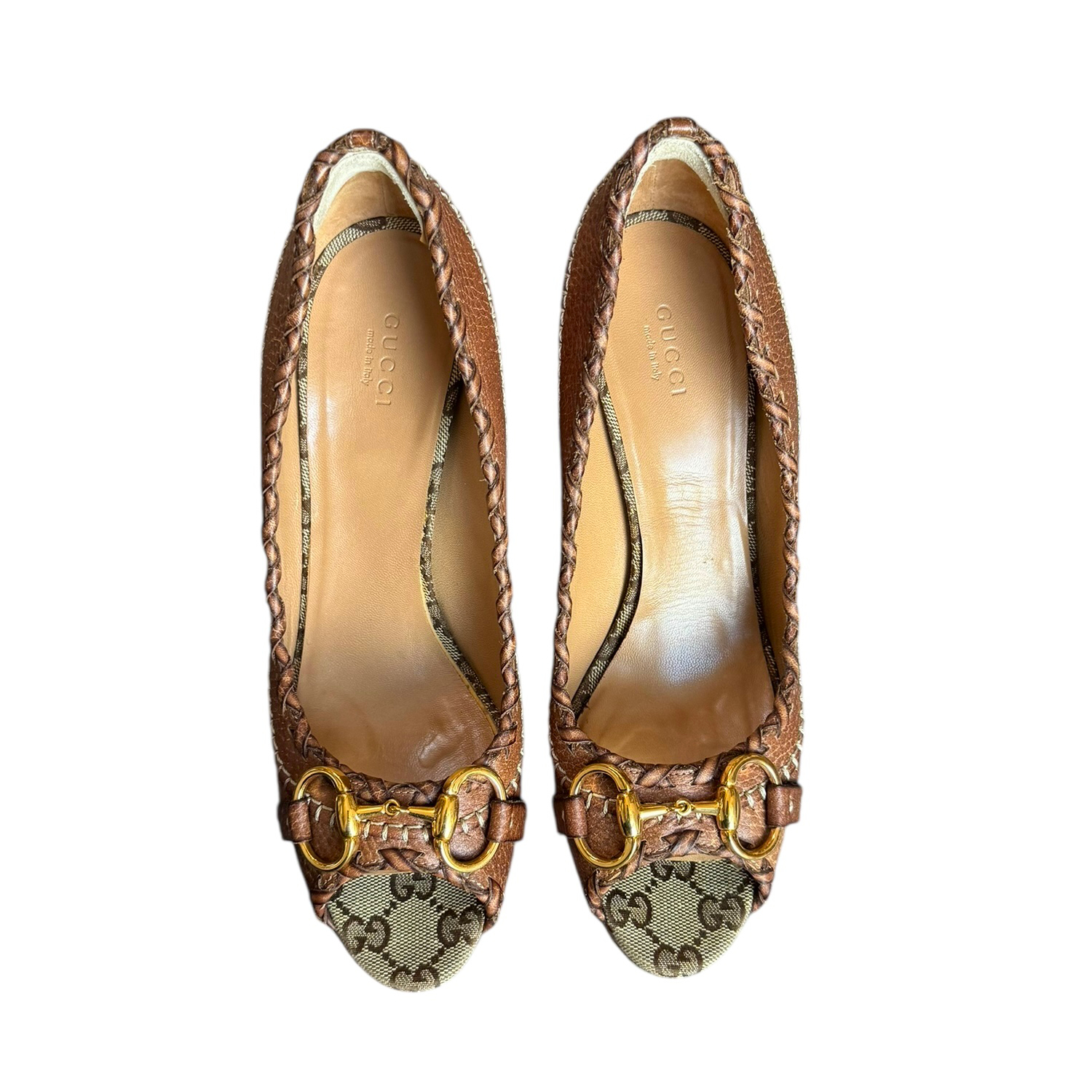 Gucci Horsebit Peep Toe Platform Heels in Tan / Gold UK 6 - Image 2
