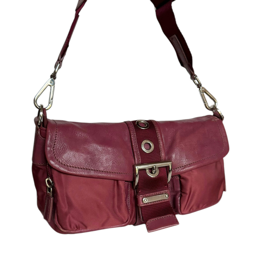 Prada 2 - Way Nylon Leather Shoulder Bag in Maroon - Dark Pink / Silver - Image 2