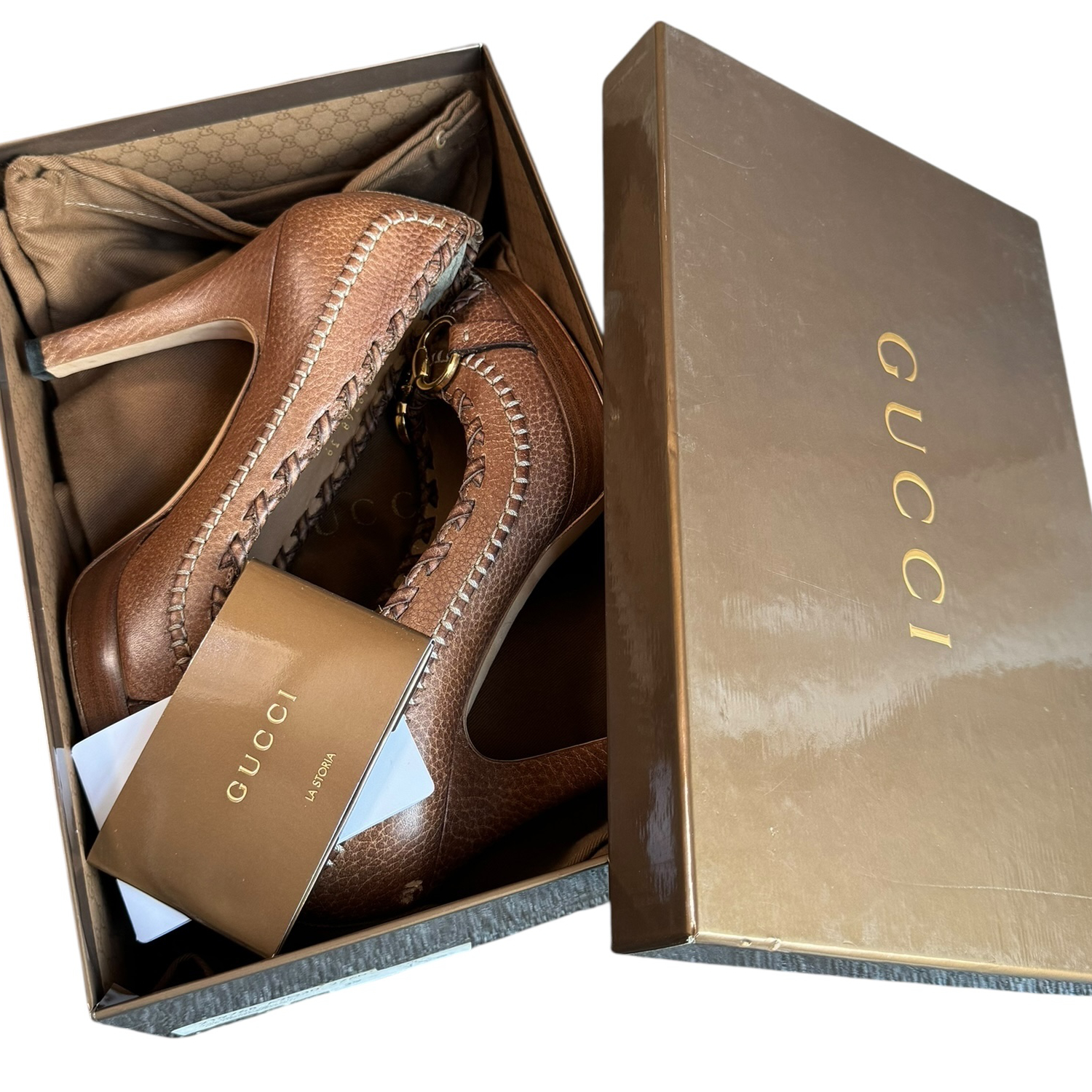 Gucci Horsebit Peep Toe Platform Heels in Tan / Gold UK 6 - Image 5