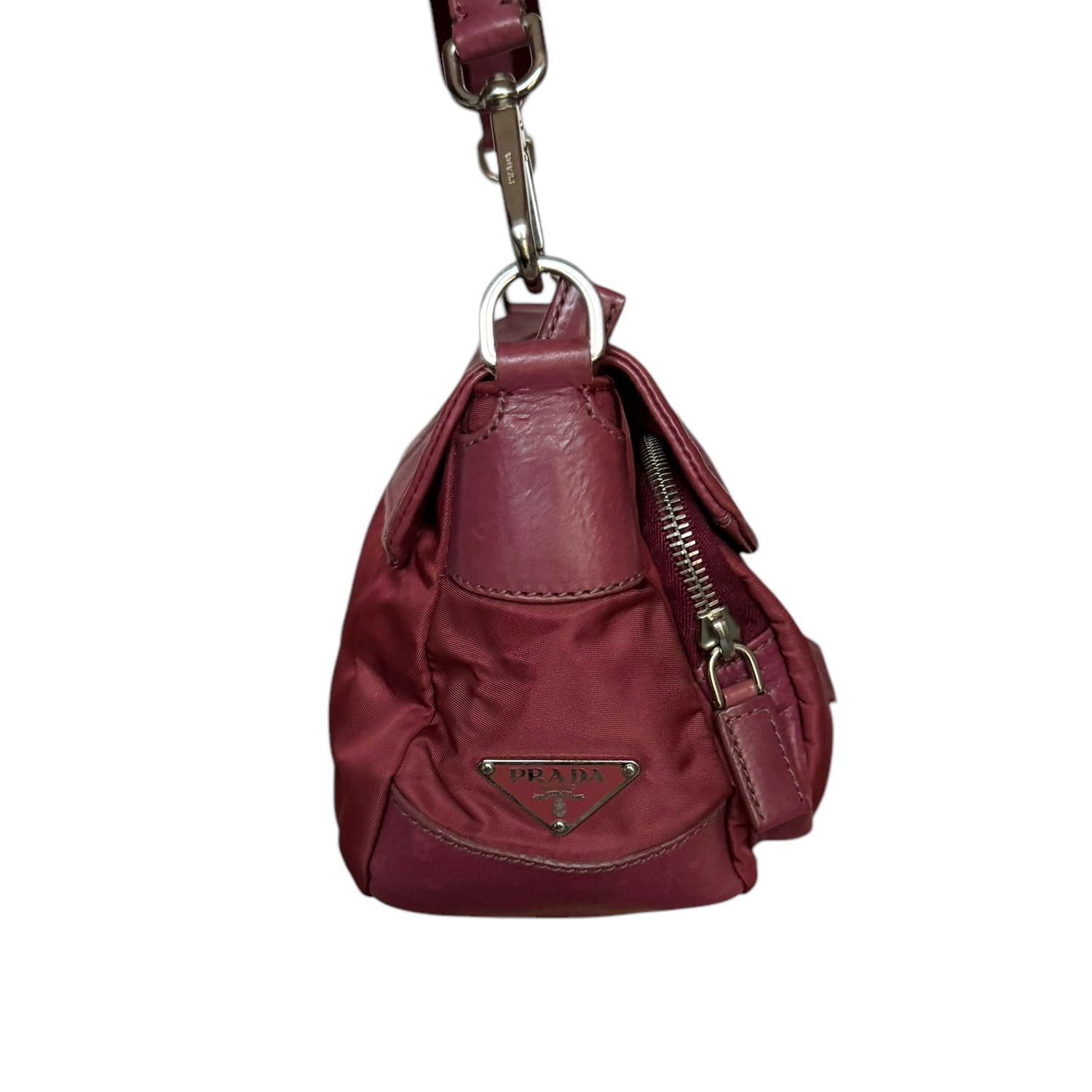 Prada 2 - Way Nylon Leather Shoulder Bag in Maroon - Dark Pink / Silver - Image 3
