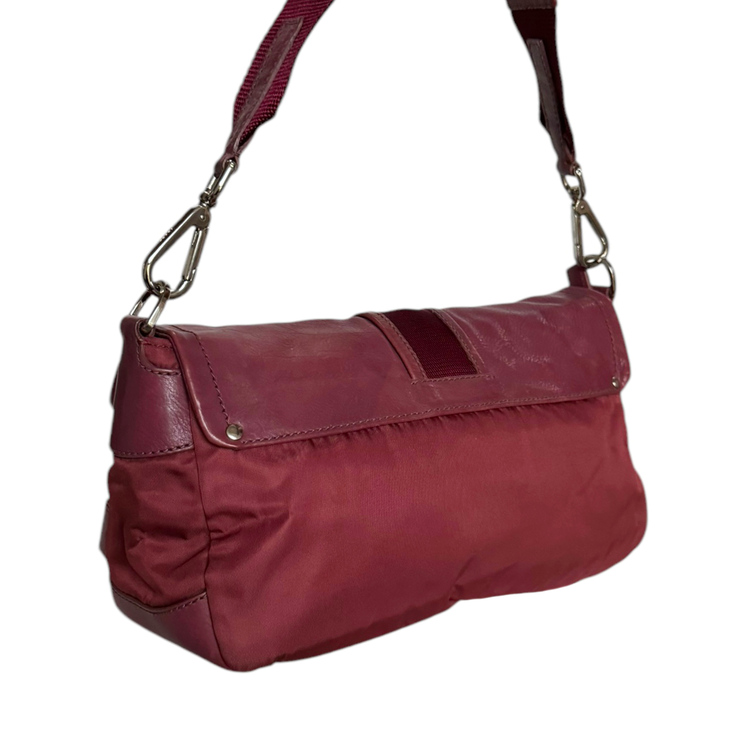 Prada 2 - Way Nylon Leather Shoulder Bag in Maroon - Dark Pink / Silver - Image 4