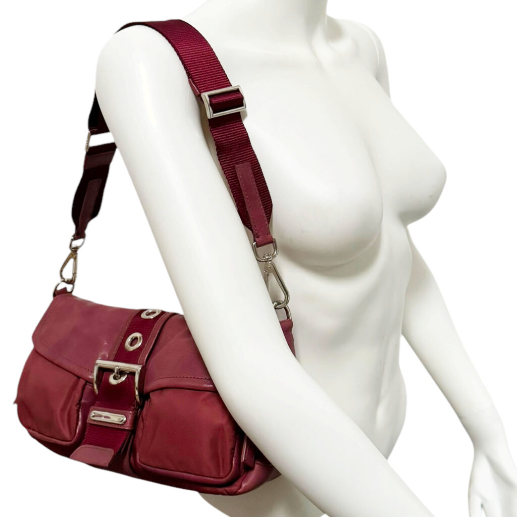 Prada 2 - Way Nylon Leather Shoulder Bag in Maroon - Dark Pink / Silver - Image 8