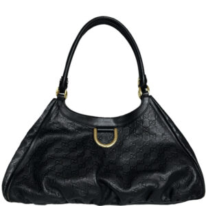 Vintage Gucci Monogram D Ring Leather Hobo Shoulder Bag in Black / Gold | NITRYL