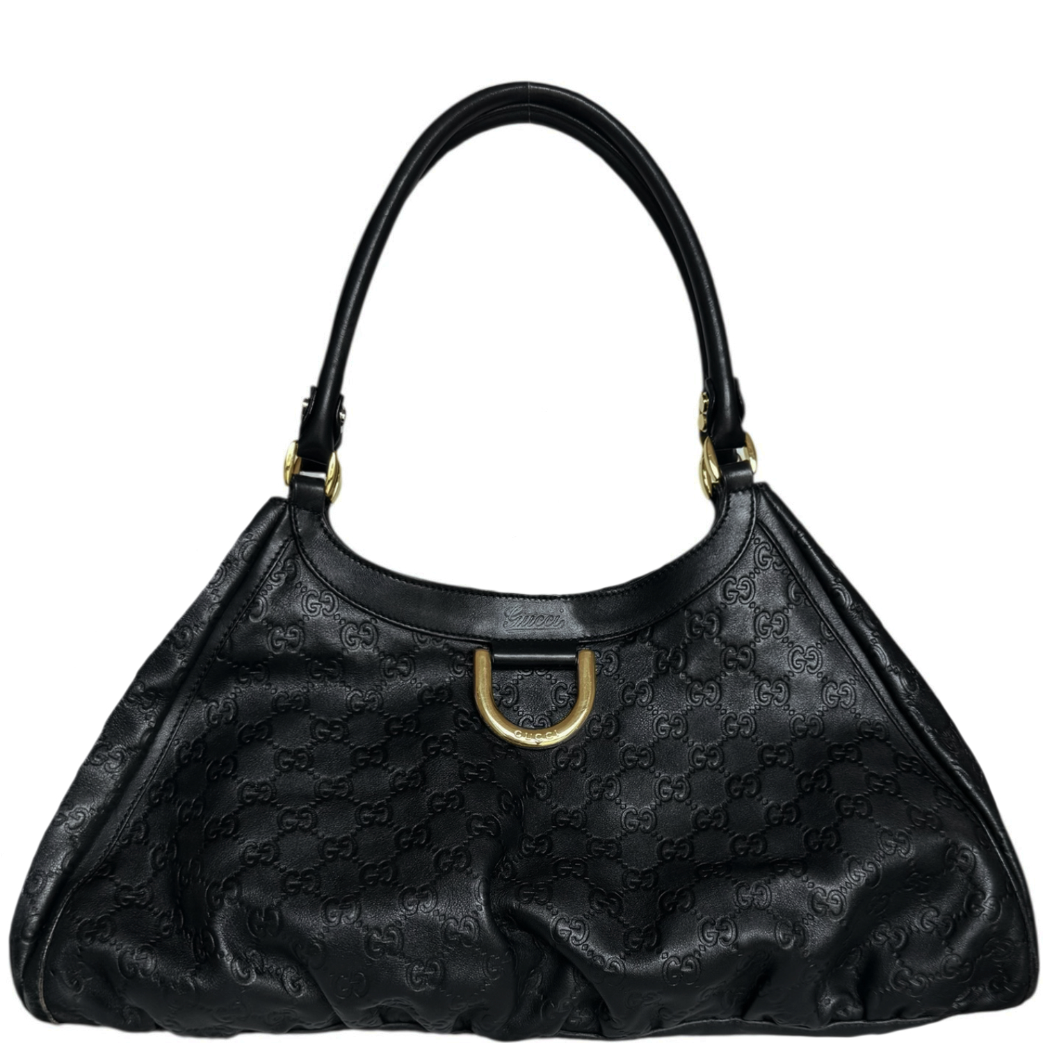 Vintage Gucci Monogram D Ring Leather Hobo Shoulder Bag in Black / Gold | NITRYL