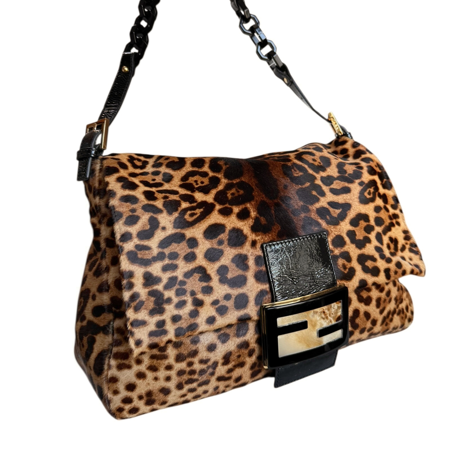 Fendi Leopard Print Calfskin XL Mamma Shoulder Baguette Bag in Brown / Black / Gold - Image 2