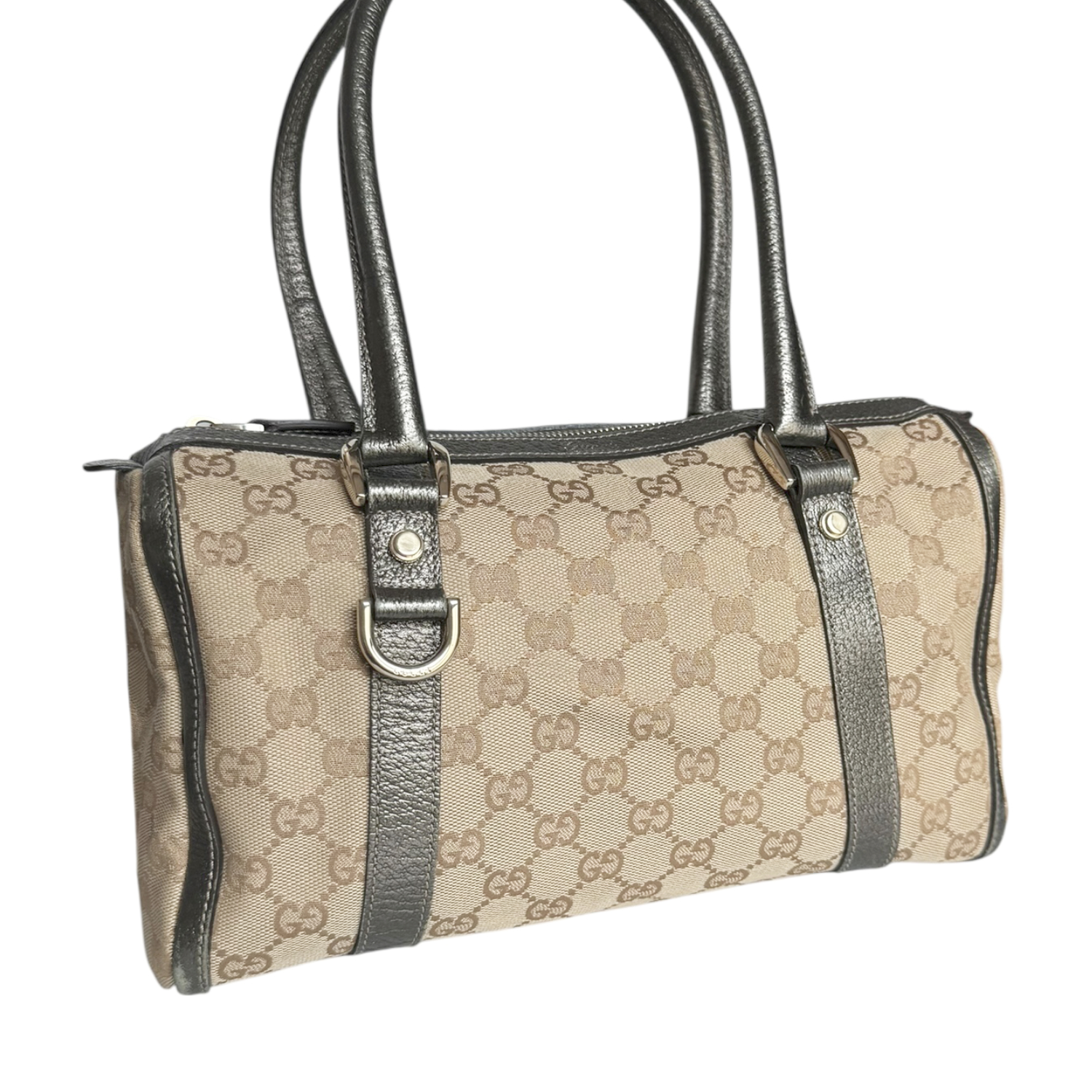 Gucci Monogram Shoulder Boston Bag in Beige / Metallic Pewter / Gold - Image 2