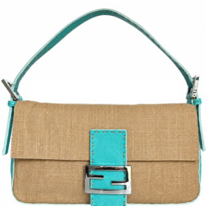 Vintage Fendi Seleria Linen Leather Shoulder Baguette Bag in Beige / Turquoise Blue | NITRYL