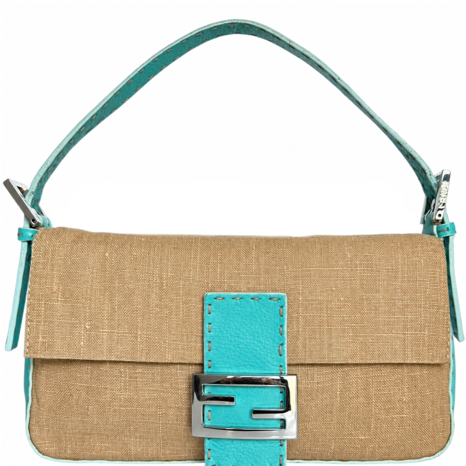 Vintage Fendi Seleria Linen Leather Shoulder Baguette Bag in Beige / Turquoise Blue | NITRYL