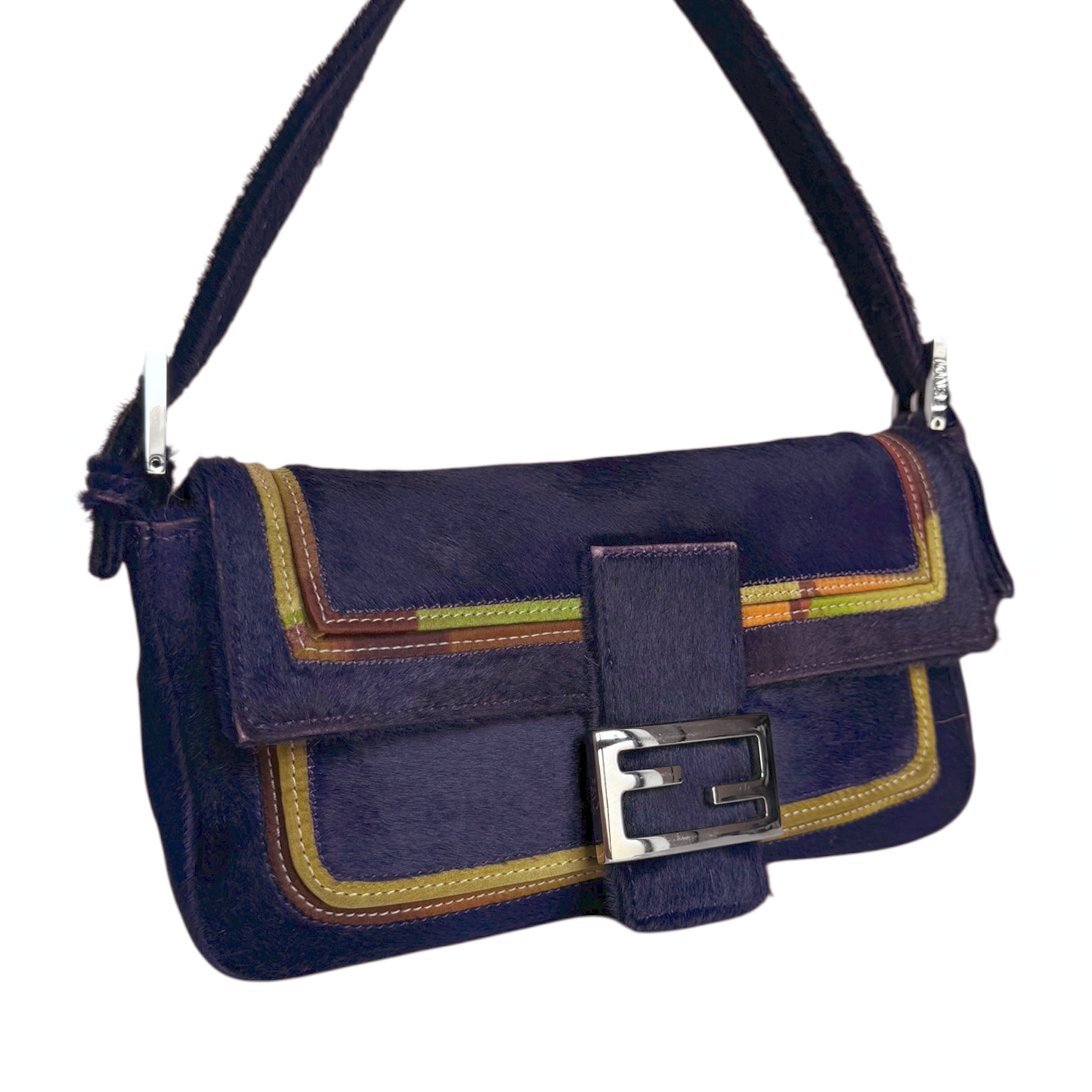 Fendi Calfskin Multicolour Trim Shoulder Baguette Bag in Purple / Silver - Image 2