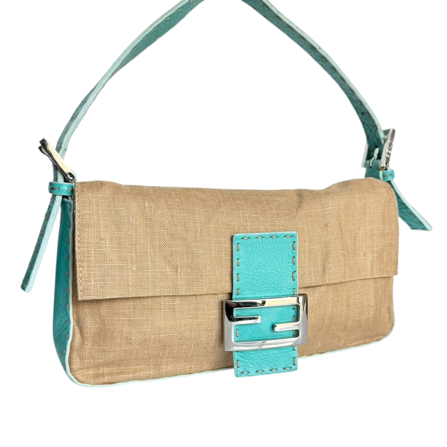 Fendi Seleria Linen Leather Shoulder Baguette Bag in Beige / Turquoise Blue - Image 2