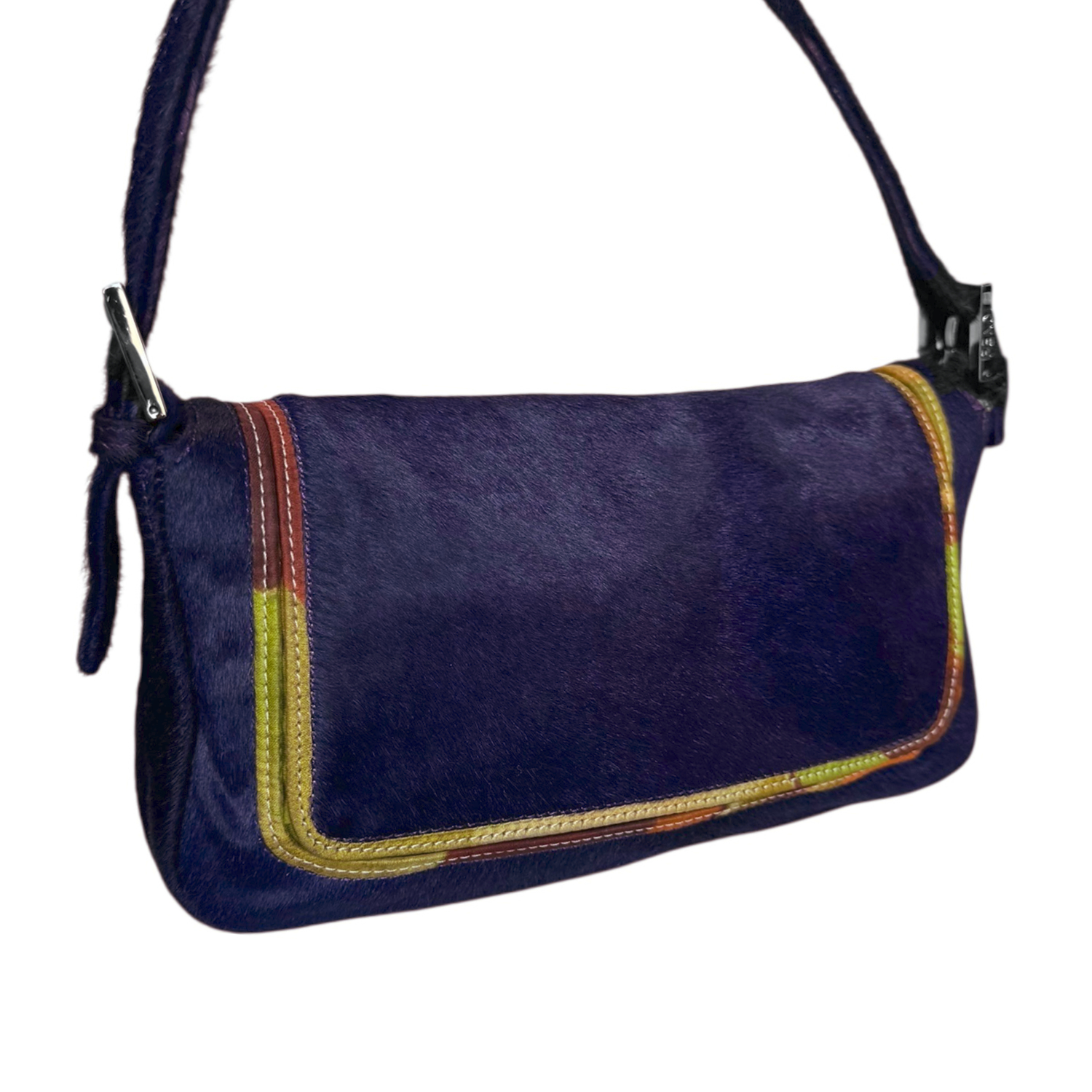 Fendi Calfskin Multicolour Trim Shoulder Baguette Bag in Purple / Silver - Image 4